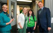 26 June 2023; Team Ireland's Louise Day, a member of Palmerstown Wildcats Special Olympics Club, from Drimnagh, Dublin pictured with Karen Coventry, Director of Sport, Special Olympics Ireland, Kelly Grant, Senior Cabin Crew Aer Linguss, and Minister of State at Department of Tourism, Culture, Arts, Gaeltacht, Sport and Media Thomas Byrne TD at Dublin Airport on the team's return from the World Special Olympic Games in Berlin, Germany. Photo by Ray McManus/Sportsfile