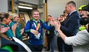 26 June 2023; Team Ireland's Colm Monahan, a member of Cork Special Olympics Badminton Club, from Ballincollig, Cork, pictured at Dublin Airport on the team's return from the World Special Olympic Games in Berlin, Germany. Photo by Ray McManus/Sportsfile