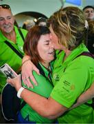 26 June 2023; Team Ireland's Vikki McGill, a member of North West Special Olympics Club, Letterkenny, Donegal, with her mother Carole pictured at Dublin Airport on the team's return from the World Special Olympic Games in Berlin, Germany. Photo by Ray McManus/Sportsfile