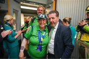 26 June 2023; Team Ireland's Jackie Stewart, a member of Down Special Olympics Club, from Downpatrick, Down, is greeted by Matt English, CEO of Special Olympics Ireland, at Dublin Airport on the team's return from the World Special Olympic Games in Berlin, Germany. Photo by Ray McManus/Sportsfile