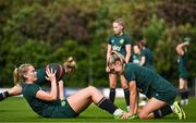26 June 2023; Saoirse Noonan, left, and Chloe Mustaki during a Republic of Ireland training session at UCD Bowl in Dublin. Photo by Brendan Moran/Sportsfile