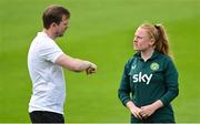 26 June 2023; Republic of Ireland assistant manager Tom Elmes with Amber Barrett during a Republic of Ireland training session at UCD Bowl in Dublin. Photo by Brendan Moran/Sportsfile