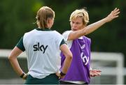 26 June 2023; Ruesha Littlejohn, right, with Republic of Ireland manager Vera Pauw during a Republic of Ireland training session at UCD Bowl in Dublin. Photo by Brendan Moran/Sportsfile