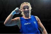 26 June 2023; Amy Broadhurst of Ireland celebrates her victory over Beatrise Rozentale of Latvia in their Women's 66kg Round of 16 bout at the Nowy Targ Arena during the European Games 2023 in Krakow, Poland. Photo by David Fitzgerald/Sportsfile