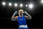 26 June 2023; Amy Broadhurst of Ireland celebrates her victory over Beatrise Rozentale of Latvia in their Women's 66kg Round of 16 bout at the Nowy Targ Arena during the European Games 2023 in Krakow, Poland. Photo by David Fitzgerald/Sportsfile