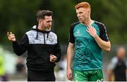 26 June 2023; Shamrock Rovers manager Stephen Bradley with Rory Gaffney of Shamrock Rovers before the SSE Airtricity Men's Premier Division match between Shamrock Rovers and Derry City at Tallaght Stadium in Dublin. Photo by Stephen McCarthy/Sportsfile