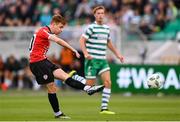 26 June 2023; Brandon Kavanagh of Derry City has a shot on goal during the SSE Airtricity Men's Premier Division match between Shamrock Rovers and Derry City at Tallaght Stadium in Dublin. Photo by Stephen McCarthy/Sportsfile