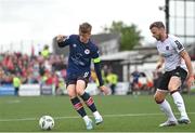 26 June 2023; Chris Forrester of St Patrick's Athletic in action against Andy Boyle of Dundalk during the SSE Airtricity Men's Premier Division match between Dundalk and St Patrick's Athletic at Oriel Park in Dundalk, Louth. Photo by Sam Barnes/Sportsfile