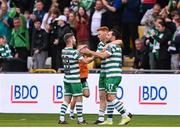 26 June 2023; Rory Gaffney of Shamrock Rovers celebrates with teammates Richie Towell, right, and Jack Byrne after scoring his side's first goal during the SSE Airtricity Men's Premier Division match between Shamrock Rovers and Derry City at Tallaght Stadium in Dublin. Photo by Stephen McCarthy/Sportsfile