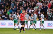26 June 2023; Brandon Kavanagh of Derry City reacts after Rory Gaffney scored his side's first goal during the SSE Airtricity Men's Premier Division match between Shamrock Rovers and Derry City at Tallaght Stadium in Dublin. Photo by Stephen McCarthy/Sportsfile