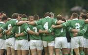 23 June 2004; The Ireland team form a huddle before the game. IRB Under 21 World Rugby Championship, Semi-Final, Ireland v Australia, Hughenden, Glasgow, Scotland. Picture credit; Brian Lawless / SPORTSFILE