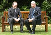 25 June 2004; Mr John Quilligan, left, President of the IRFU, outgoing, in conversation with the incoming President Mr Barry Keogh. Berkeley Court Hotel, Dublin. Picture credit; David Maher / SPORTSFILE