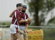 26 June 2004; Eugene Cloonan, left, Galway, is congratulated on scoring his sides first goal by team-mate Damien Hayes. Guinness Senior Hurling Championship Qualifier, Round 1, Down v Galway, McKenna Park, Ballycran, Co. Down. Picture credit; Brendan Moran / SPORTSFILE