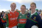 27 June 2004; Mayo players from (left to right) goalkeeper Fintan Ruddy, Liam O'Malley and Andy Moran celebrate victory over Galway. Bank of Ireland Connacht Senior Football Championship Semi-Final, Mayo v Galway, McHale Park, Castlebar, Co. Mayo. Picture credit; Damien Eagers / SPORTSFILE