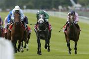 27 June 2004; Grey Swallow, center, with Pat Smullin up, on their way to winning the Budweiser Irish Derby from second place North Light, left, with Kieran Fallon and third place Tycoon, right, with Colm O'Donoghue. Curragh Racecourse, Co. Kildare. Picture credit; Matt Browne / SPORTSFILE