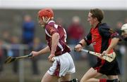 26 June 2004; David Hayes, Galway, in action against Andy Savage, Down. Guinness Senior Hurling Championship Qualifier, Round 1, Down v Galway, McKenna Park, Ballycran, Co. Down. Picture credit; Brendan Moran / SPORTSFILE