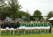 27 June 2004; The Ireland team stand together for the national anthems before the game. IRB U21 World Championship Final, Ireland v New Zealand, Hughenden, Glasgow, Scotland. Picture credit; Brendan Moran / SPORTSFILE