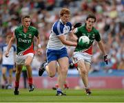 25 August 2013; Mark Magee, Monaghan, in action against Michael Hall, left, and Val Roughneen, Mayo. Electric Ireland GAA Football All-Ireland Minor Championship Semi-Final, Mayo v Monaghan, Croke Park, Dublin. Picture credit: Ray McManus / SPORTSFILE