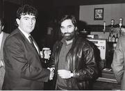 11 January 1988; George Best with master of ceremonies Des Cahill at the Steiger Lager Soccer Debate, Belgard Inn, Dublin. Picture credit: Ray McManus / SPORTSFILE