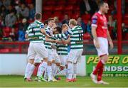 30 August 2013; Shamrock Rovers' Mark Quigley is congratulated by team-mates after scoring his side's first goal. Airtricity League Premier Division, Shelbourne v Shamrock Rovers, Tolka Park, Dublin. Photo by Sportsfile