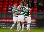 30 August 2013; Shamrock Rovers' Ronan Finn celebrates after scoring his side's second goal with team-mates Conor McCormack, left, and Shane Robinson, right. Airtricity League Premier Division, Shelbourne v Shamrock Rovers, Tolka Park, Dublin. Photo by Sportsfile