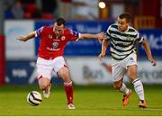 30 August 2013; Pat Flynn, Shelbourne, in action against Shane Robinson, Shamrock Rovers. Airtricity League Premier Division, Shelbourne v Shamrock Rovers, Tolka Park, Dublin. Photo by Sportsfile