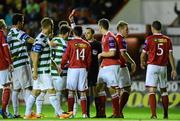 30 August 2013; Mark Quigley, Shamrock Rovers, is shown a red card and sent off by referee Neil Doyle. Airtricity League Premier Division, Shelbourne v Shamrock Rovers, Tolka Park, Dublin. Photo by Sportsfile