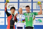 30 August 2013; Ireland's Colin Lynch, right, from Macclesfield, England, celebrates with his bronze medal after finishing third in the Men’s C2 TT 17.3km, in a time of 26:33.47, with winner Keith Aaron, centre, USA, and silver medallist Maurice Tio Eckhard, Spain. 2013 UCI Paracycling Road World Championships, Baie-Comeau, Québec, Canada. Picture credit: Jean Baptiste Benavent / SPORTSFILE