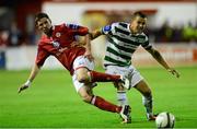 30 August 2013; Shane Robinson, Shamrock Rovers, in action against Derek Doyle, Shelbourne. Airtricity League Premier Division, Shelbourne v Shamrock Rovers, Tolka Park, Dublin. Photo by Sportsfile