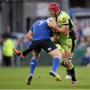 30 August 2013; Christian Day, Northampton Saints, is tackled by Shane Jennings, Leinster. Pre-Season Friendly, Leinster v Northampton Saints, Donnybrook Stadium, Dublin. Picture credit: Stephen McCarthy / SPORTSFILE