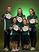 26 June 2023; In attendance during a Paralympics Ireland Swimming Team announcement at the Sport Ireland Institute in Dublin are swimmers, from left, Barry McClements, Nicole Turner, Ellen Keane, Dearbhaile Brady and Roisin Ní Riain. Photo by Sam Barnes/Sportsfile