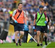 24 June 2023; Galway Dr. Eoin MacDonncha and physiotherapist Eamon Duane, right, during the GAA Hurling All-Ireland Senior Championship Quarter Final match between Galway and Tipperary at TUS Gaelic Grounds in Limerick. Photo by Ray McManus/Sportsfile