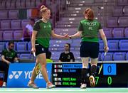26 June 2023; Moya Ryan of Ireland, left, and teammate Kate Frost during their badminton Women's Doubles Group Stage against Margot Lambert, and Anne Tran of France at the Jaskolka Arena during the European Games 2023 in Poland. Photo by Tyler Miller/Sportsfile