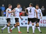 26 June 2023; Daniel Kelly of Dundalk, second from left, celebrates with team-mates after scoring his side's first goal during the SSE Airtricity Men's Premier Division match between Dundalk and St Patrick's Athletic at Oriel Park in Dundalk, Louth. Photo by Sam Barnes/Sportsfile