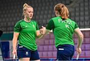 26 June 2023; Moya Ryan of Ireland, left, and teammate Kate Frost during their badminton Women's Doubles Group Stage against Margot Lambert, and Anne Tran of France at the Jaskolka Arena during the European Games 2023 in Poland. Photo by Tyler Miller/Sportsfile