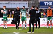 26 June 2023; Neil Farrugia of Shamrock Rovers leaves the pitch with Shamrock Rovers physiotherapist Tony McCarthy after sustaining an injury during the SSE Airtricity Men's Premier Division match between Shamrock Rovers and Derry City at Tallaght Stadium in Dublin. Photo by Stephen McCarthy/Sportsfile