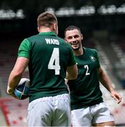 27 June 2023; Zac Ward of Ireland, left, is congratulated by teammate Andrew Smith after scoring their side's third try in the Men's Rugby Sevens semi final match between Ireland and Portugal at the Henryk Reyman Stadium during the European Games 2023 in Krakow, Poland. Photo by David Fitzgerald/Sportsfile