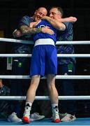 27 June 2023; Aoife O'Rourke of Ireland celebrates with coaches Damien Kennedy, left, and Zaur Anita after her victory against Cindy Winner Djankeu Ngamba of EOC Refugee Team in their Women's 75kg Round of 16 bout at the Nowy Targ Arena during the European Games 2023 in Krakow, Poland. Photo by Tyler Miller/Sportsfile