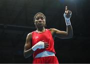 27 June 2023; Cindy Winner Djankeu Ngamba of EOC Refugee Team after her bout against Aoife O'Rourke of Ireland in their Women's 75kg Round of 16 bout at the Nowy Targ Arena during the European Games 2023 in Krakow, Poland. Photo by Tyler Miller/Sportsfile