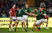 27 June 2023; Jordan Conroy of Ireland celebrates with teammates after scoring his side's fourth try during the Men's Rugby Sevens final match between Ireland and Great Britain at the Henryk Reyman Stadium during the European Games 2023 in Krakow, Poland. Photo by David Fitzgerald/Sportsfile
