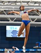 28 June 2023; Elizabeth Ndudi of Dundrum South Dublin AC, competing in the senior women's Long Jump during day two of the 123.ie National Senior Indoor Championships at National Indoor Arena in Dublin. Photo by Sam Barnes/Sportsfile