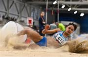 28 June 2023; Elizabeth Ndudi of Dundrum South Dublin AC, competing in the senior women's long jump during day two of the 123.ie National Senior Indoor Championships at National Indoor Arena in Dublin. Photo by Sam Barnes/Sportsfile