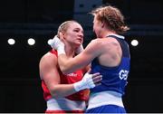 28 June 2023; Amy Broadhurst of Ireland, left, and Rosie Joy Eccles of Great Britain after their Women's 66kg quarter final bout at the Nowy Targ Arena during the European Games 2023 in Krakow, Poland. Photo by David Fitzgerald/Sportsfile
