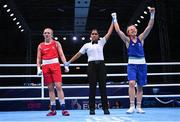 28 June 2023; Amy Broadhurst of Ireland and Rosie Joy Eccles of Great Britain react after their Women's 66kg quarter final bout at the Nowy Targ Arena during the European Games 2023 in Krakow, Poland. Photo by David Fitzgerald/Sportsfile