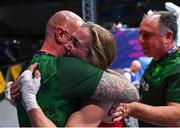 28 June 2023; Kellie Harrington of Ireland with coach Damien Kennedy after defeating Agnes Alexiusson of Sweden in their Women's 60kg quarter final bout at the Nowy Targ Arena during the European Games 2023 in Krakow, Poland. Photo by David Fitzgerald/Sportsfile