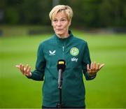 28 June 2023; Republic of Ireland manager Vera Pauw speaking to media, at the UCD Bowl in Dublin, after announcing her squad for the upcoming FIFA Women's World Cup 2023. Photo by Stephen McCarthy/Sportsfile