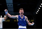 28 June 2023; Dean Clancy of Ireland celebrates after defeating Gianluigi Malanga of Italy in their Men's 63.5kg quarter final bout at the Nowy Targ Arena during the European Games 2023 in Krakow, Poland. Photo by David Fitzgerald/Sportsfile