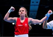 28 June 2023; Michaela Walsh of Ireland celebrates after defeating Melissa Juvonen Mortensen of Denmark after their Women's 57kg quarter final bout at the Nowy Targ Arena during the European Games 2023 in Krakow, Poland. Photo by David Fitzgerald/Sportsfile