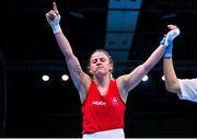 28 June 2023; Michaela Walsh of Ireland celebrates after defeating Melissa Juvonen Mortensen of Denmark after their Women's 57kg quarter final bout at the Nowy Targ Arena during the European Games 2023 in Krakow, Poland. Photo by David Fitzgerald/Sportsfile