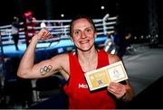 28 June 2023; Michaela Walsh of Ireland with her 'ticket to Paris' after defeating Melissa Juvonen Mortensen of Denmark after their Women's 57kg quarter final bout at the Nowy Targ Arena during the European Games 2023 in Krakow, Poland. Photo by David Fitzgerald/Sportsfile